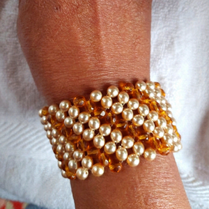 Vintage Faux Pearl & Amber Rhinestone Bracelet